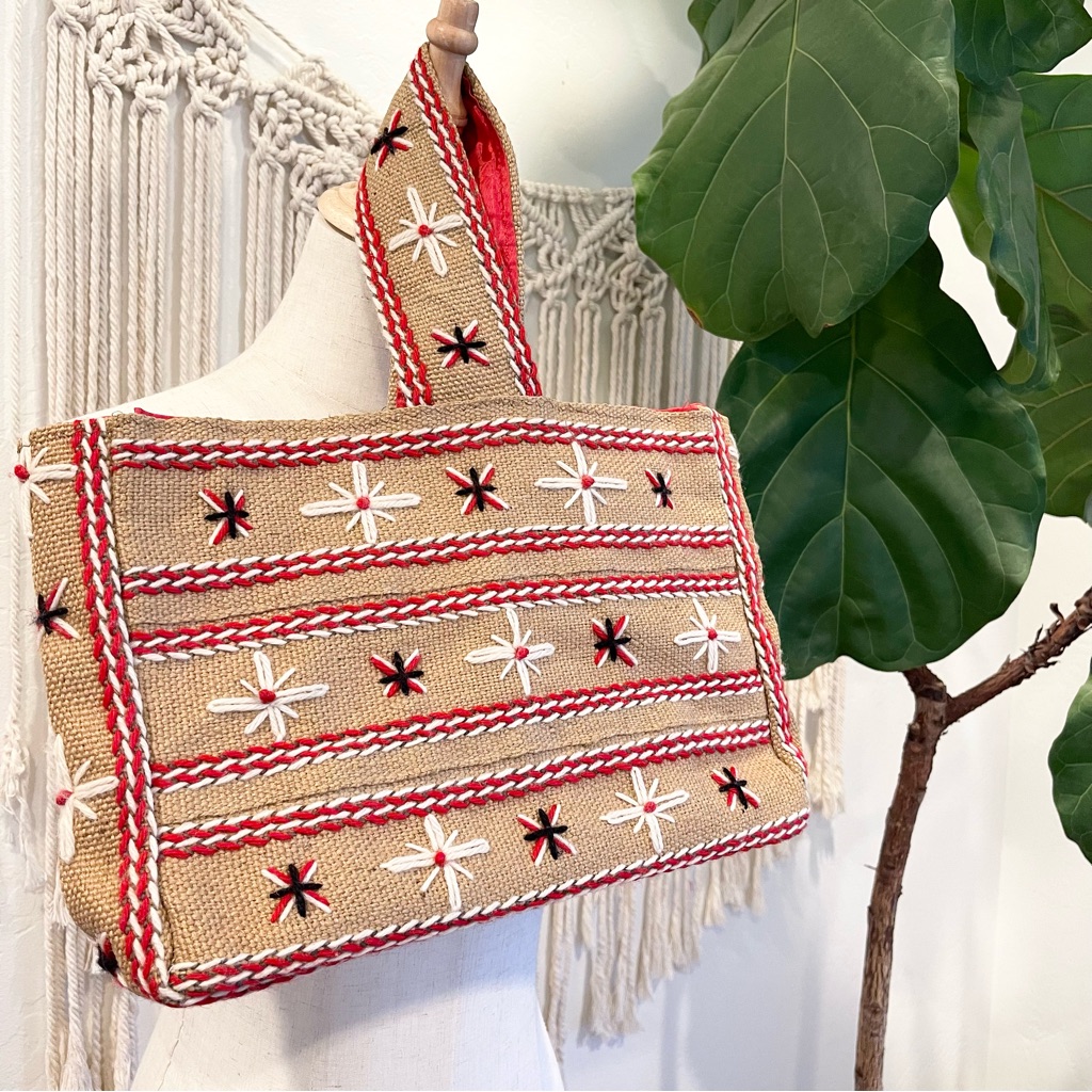 Vintage Floral Embroidered Woven Knit Bag Purse Shoulder Clutch Tote